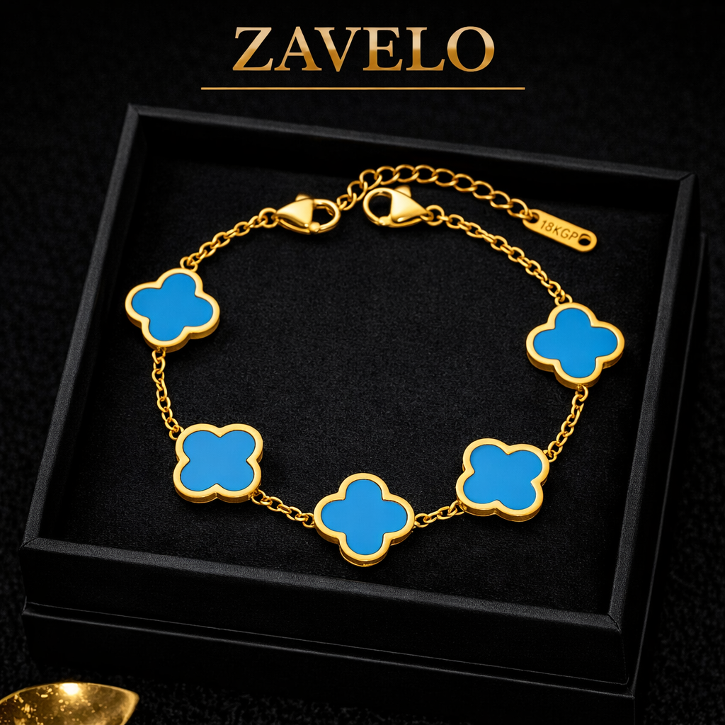 Zavelo Blue Clover Bracelet for Women – 18K Gold Plated