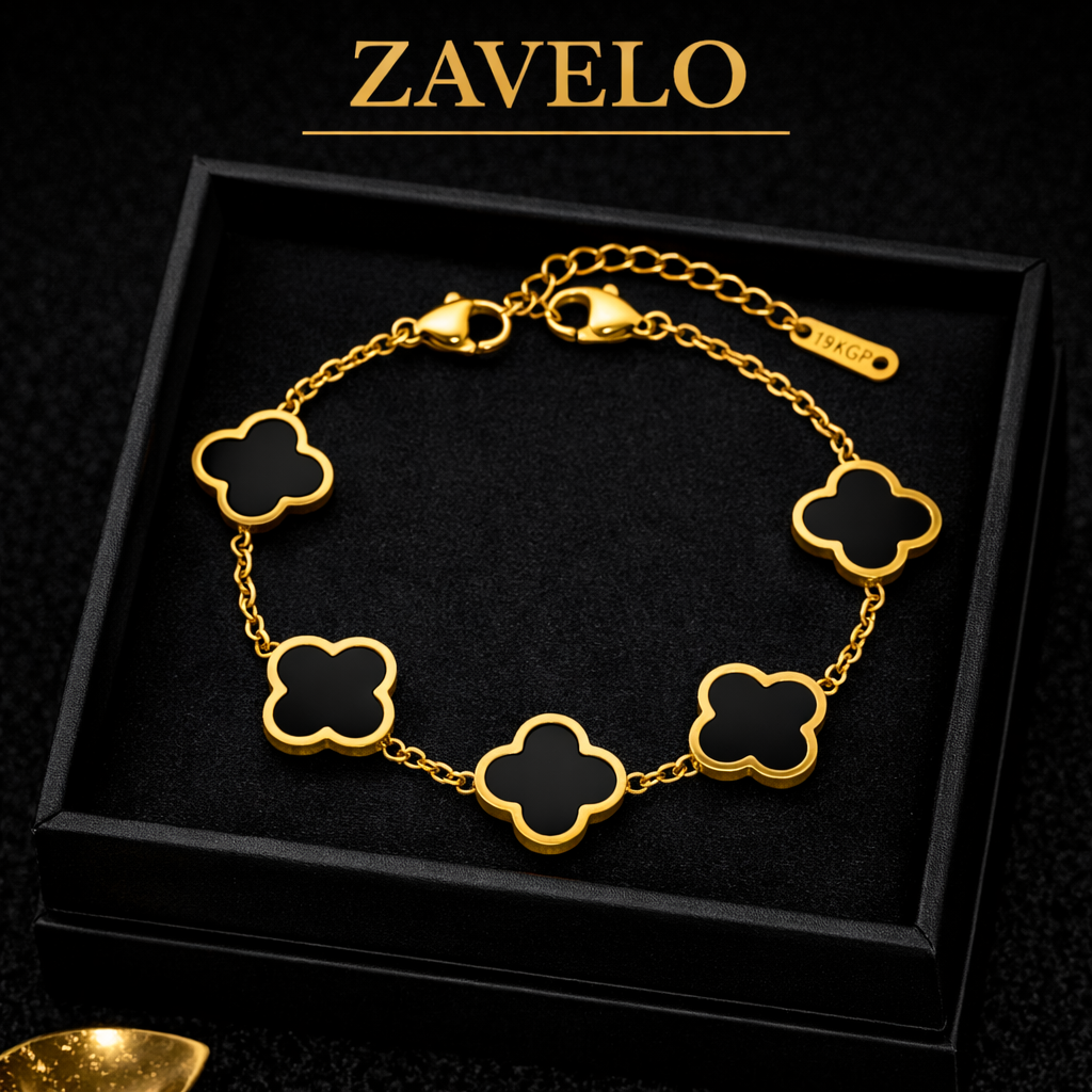 Zavelo Black Clover Bracelet for Women – 18K Gold Plated